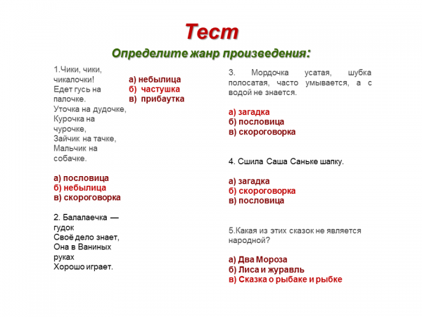 Тест по литературному чтению 2 класс по теме «устное народное творчество». воспитателям детских садов, школьным учителям и педагогам - маам.ру